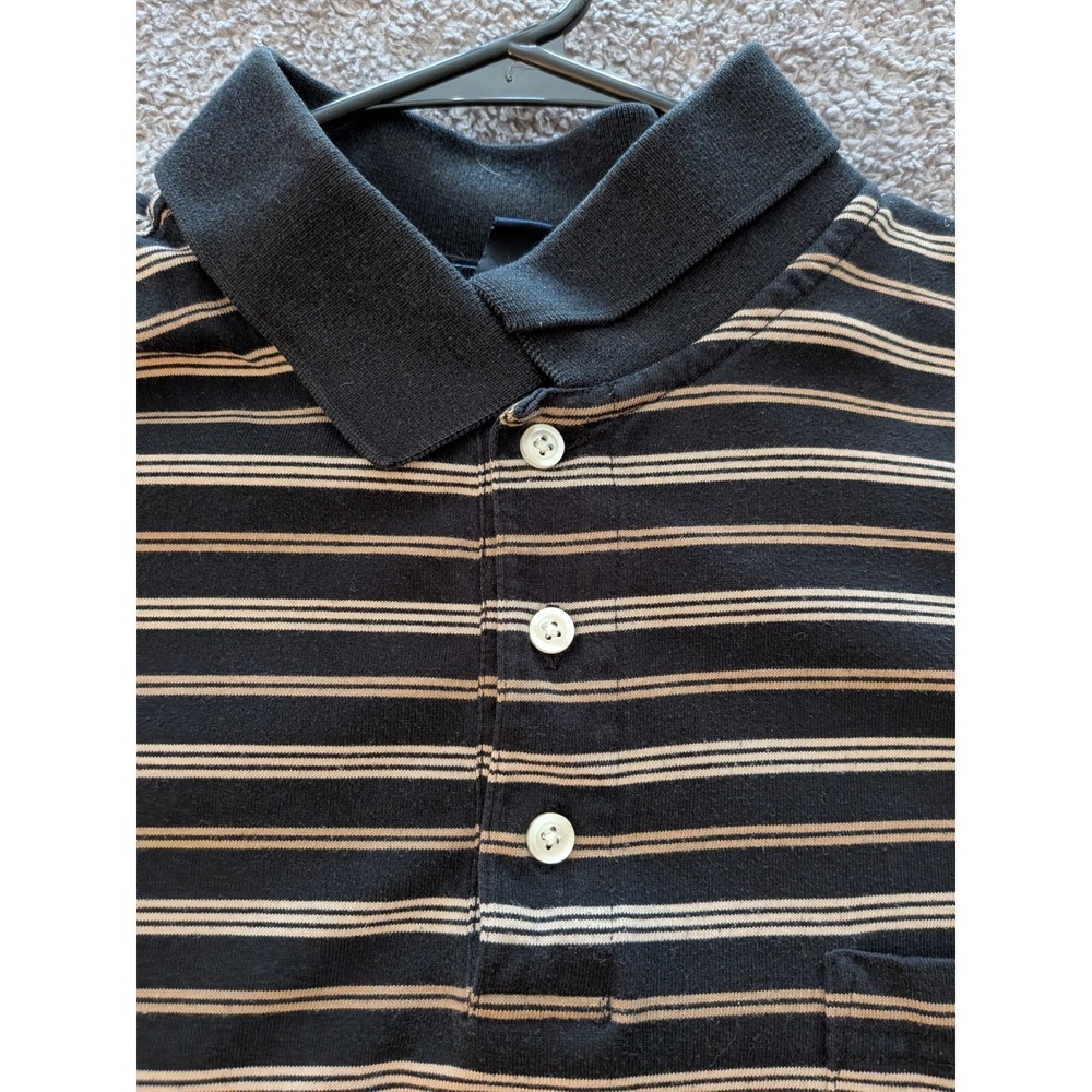 Cherokee Mens XL‎ Striped Polo Shirt Black Tan Short Sleeve Pocket Cotton Blend